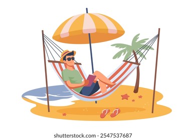 Un hombre con gafas de sol disfruta leyendo un libro mientras descansa en una hamaca bajo una sombrilla cerca de la playa. Ilustración vectorial