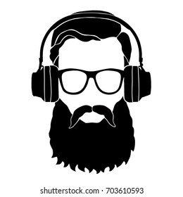 Man in sunglasses and headphones. Style haircut and beard. Vector icon. Fashion silhouette hipster style, vector illustration