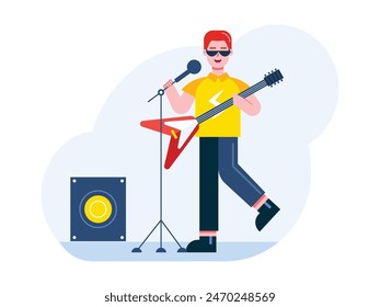 Man in sunglasses holding bass singing with microphone and speaker indoors. Character design. Vector data illustration