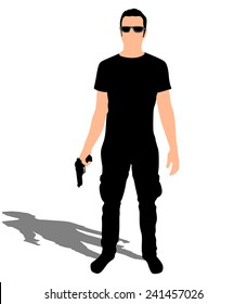 Man with sunglasses holding gun, vector 