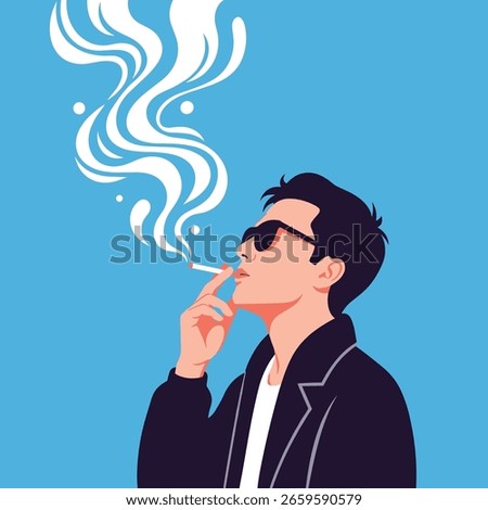 A man in sunglasses and a jacket smoking a cigarette creating smoke art against a blue sky