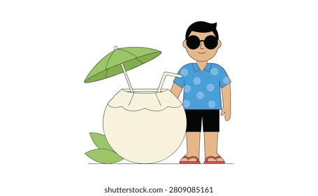 Man in sunglasses and a patterned shirt standing next to a large coconut drink with an umbrella representing beach party fun and relaxation.