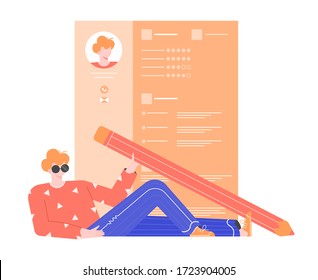 Man In Sunglasses With A Pencil Lies On The Background Of The Resume, CV. Job Search, Unemployment And Recruiting. Vector Flat Illustration.