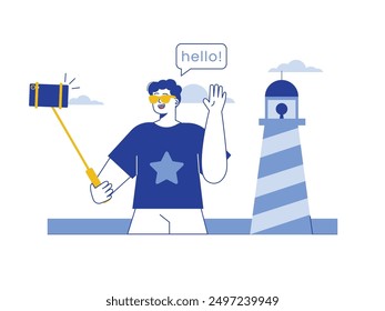 Man with sunglasses is recording a video on his phone, holiday content creator at the beach. Character design. Vector flat illustration