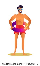 Man in sunglasses and red swimming trunks with lifebuoy. Handsome bearded suntanned guy wears shiny inflatable ring over swimwear vector illustration.