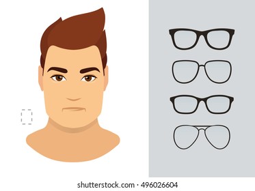 Man sunglasses shapes for rectangle man face type. Various forms of summer glasses for rectangle face. Fashion collection. Vector icon set.
