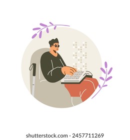 Hombre con gafas de sol sentado en el sillón y leyendo libro en fuente braille usando los dedos. Lenguaje Braille para personas ciegas. Ilustración plana de Vector en marco redondo aislado en blanco