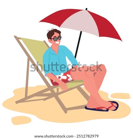 Man with sunglasses sitting under the umbrella on a sun lounger isolated on white background. vector illustration.