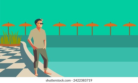 Man in sunglasses standing at the pool on the beach