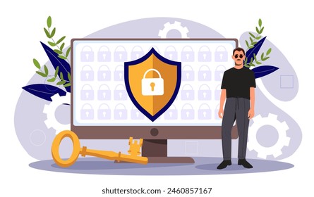 Hombre con gafas de sol se para junto a un escudo gigante en una pantalla de ordenador, ilustrando el concepto de ciberseguridad, Ilustración vectorial plana