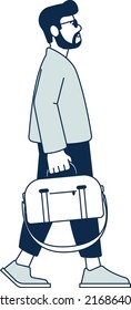 Man in sunglasses with travel bag walking. Person going on vacation