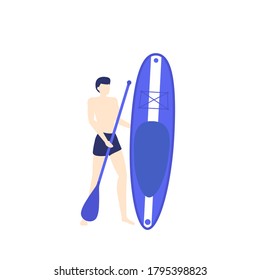 Man with sup board and paddle, vector