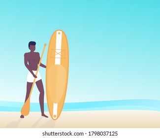 Man with sup board and paddle, vector illustration