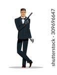Man super agent. In a black suit with a pistol. Vector illustration