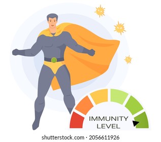 Man in super man costume and circular spectrum of level of immunity. Power of imunity to fight disease isolated vector. Battle winner superhero as symbol of human health. Hero demonstrates his power