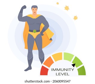 Man in super man costume and circular spectrum of level of immunity. Power of imunity to fight disease isolated vector. Battle winner superhero as symbol of human health. Hero demonstrates his power