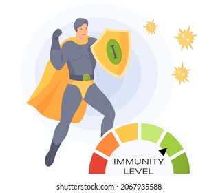 Man in super man costume and circular spectrum of level of immunity. Power of imunity to fight disease isolated vector. Battle winner superhero as symbol of human health. Hero demonstrates his power