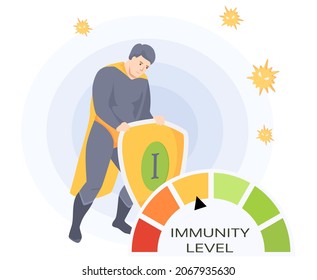 Man in super man costume and circular spectrum of level of immunity. Power of imunity to fight disease isolated vector. Battle winner superhero as symbol of human health. Hero demonstrates his power