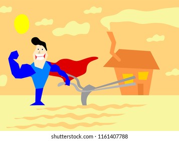 Man with a super hero cape standing in a field near the farm house. Vector illustration on a background.