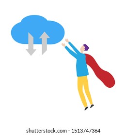 The man in the super hero cloak and the cloud technology sign  Flat cartoon character isolated on white background