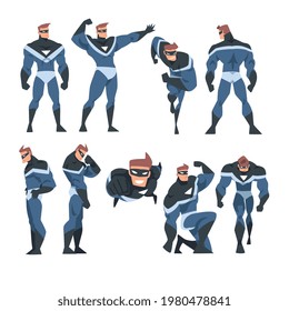 Man Superhero in Action Set, Superman Character Dressed Black and Blue Costume and Mask Cartoon Vector Illustration