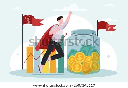 Man in superhero cape jumping toward a jar full of money, with bar chart and red flags in background, symbolizing financial growth and innovation. Vector illustration