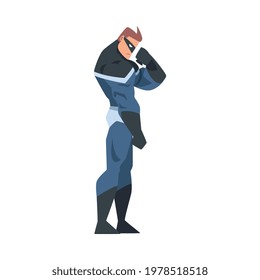 Man Superhero Character in Black and Blue Costume and Mask Cartoon Vector Illustration