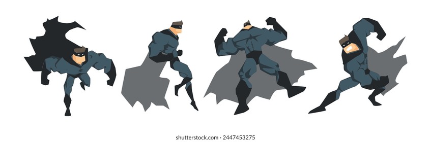 Man Superhero Character in Cloak and Mask in Different Pose Vector Set