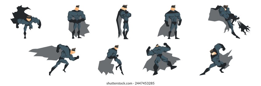 Man Superhero Character in Cloak and Mask in Different Pose Vector Set