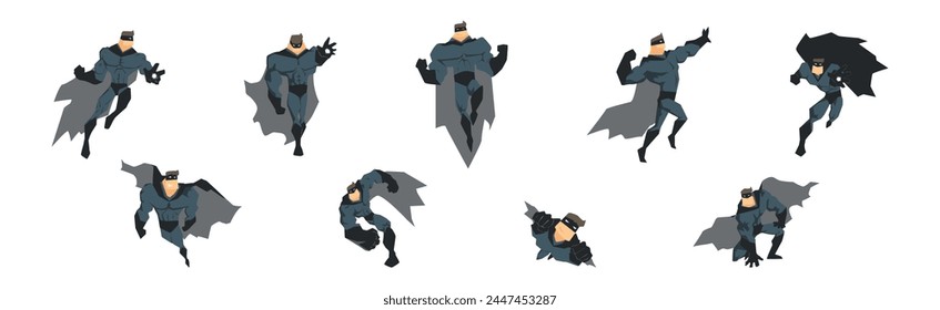 Man Superhero Character in Cloak and Mask in Different Pose Vector Set