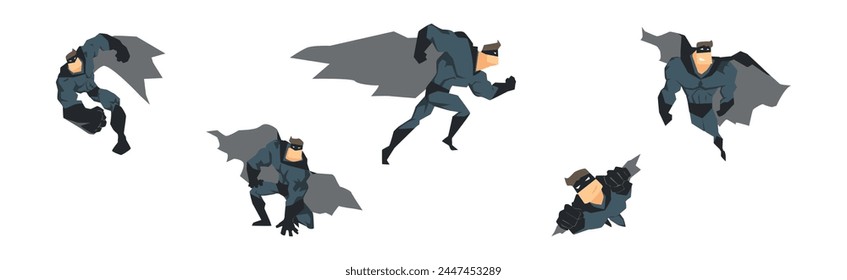 Man Superhero Character in Cloak and Mask in Different Pose Vector Set