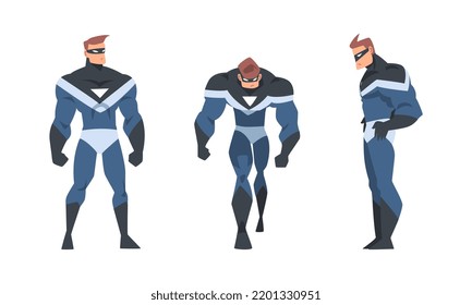 Man Superhero Character Dressed Black and Blue Costume and Mask in Action Vector Set