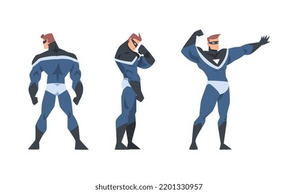 Man Superhero Character Dressed Black and Blue Costume and Mask in Action Vector Set