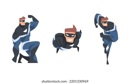 Man Superhero Character Dressed Black and Blue Costume and Mask in Action Vector Set