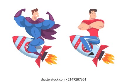 Man Superhero in Cloak Flying on Space Rocket Moving Upward Vector Set
