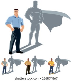 Man Superhero Concept: Conceptual illustration of ordinary man with superhero shadow. The illustration is in 4 versions. No transparency and gradients used. 