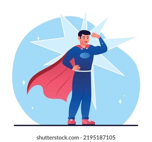 Man Superhero Concept. Young Guy Stands In Heroic Costume. Poster Or Banner For Website. High Self Esteem, Metaphor For Bravery And Confidence, Symbol Of Courage. Cartoon Flat Vector Illustration