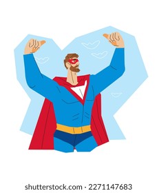 Man in superhero costume demonstrates muscular strength and super power cartoon vector illustration isolated on white background. Brave and purposeful man.