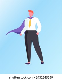 Man superhero isolated cartoon character. Vector businessman, powerful leader ready to solve tasks, confident male in tie and purple cloak, leadership