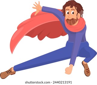 Man in superhero pose and red cape. Superpower character