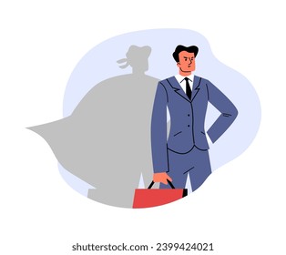 Man and superhero shadow, crisis management design concept, vector illustration isolated on white background. Businessman, working male character helps business. Flat cartoon style