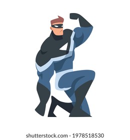 Man Superhero Sitting In Crouch, Superhero In Black And Blue Costume And Mask Cartoon Vector Illustration