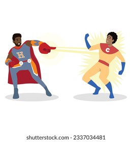 Man superhero zapping enemy villain with laser electricity, Superhero fighting. Flat vector illustration