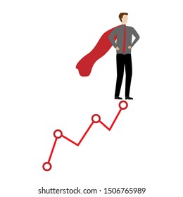The man with the Superman's Cape. Man and a financial chart. Сharacter for landing pages Flat cartoon character isolated on white background