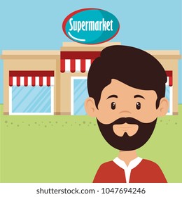 man in supermarket building front scene