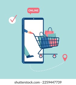 Man with supermarket cart full of shopping bags and boxes coming out of smartphone screen. Online shopping concept. Vector illustration in flat style