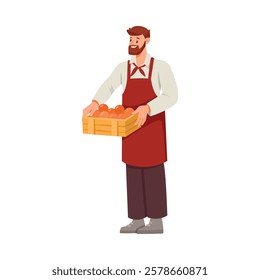 Man Supermarket Employee and Worker in Apron Hold Crate Vector Illustration