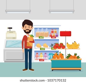 man with supermarket groceries in shopping bag