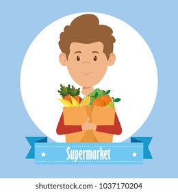 man with supermarket groceries in shopping bag