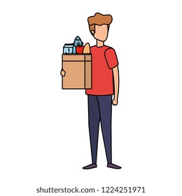 man with supermarket shopping bag and groceries